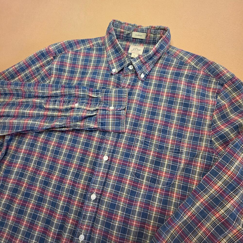 J.Crew Organic Cotton Indigo Chambray Plaid Button-Down Shirt Blue Red Sz Large